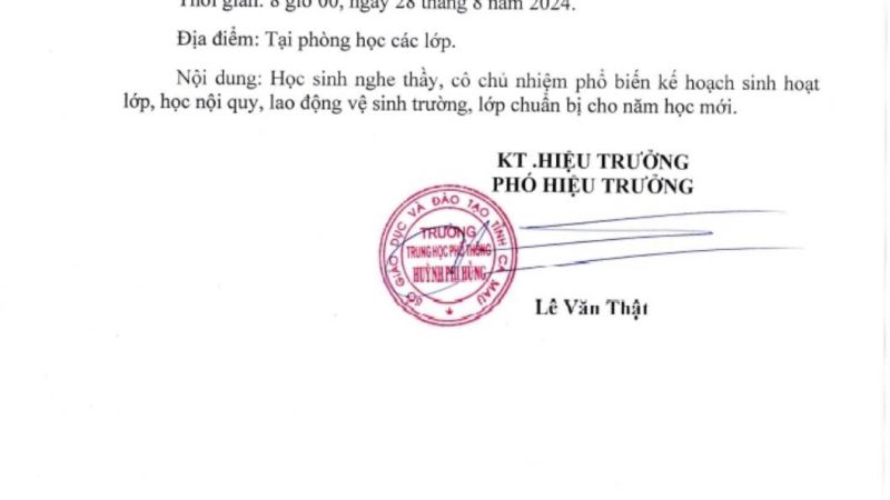 THÔNG BÁO THỜI GIAN TỰU TRƯỜNG, NĂM HỌC 2024-2025